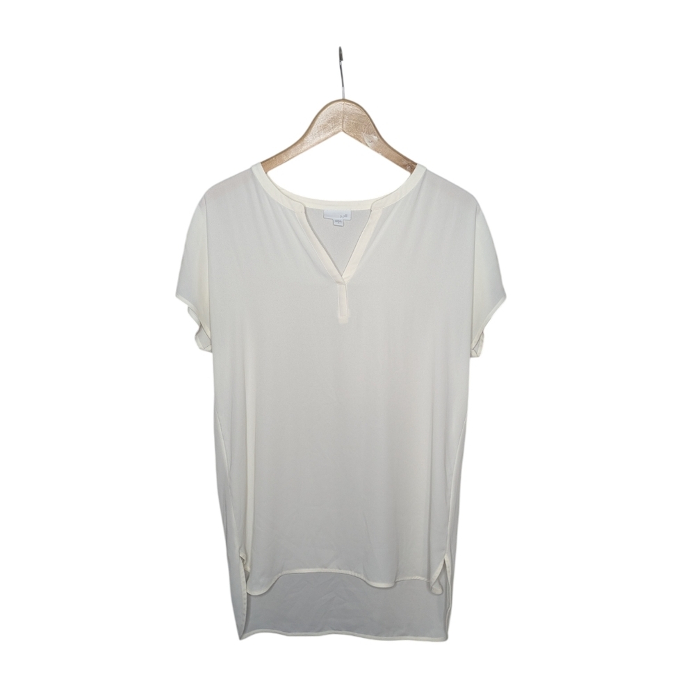 J.Jill Top Small Cream Split Neck Tunic Blouse Sheer Short Sleeve High-Low Flowy